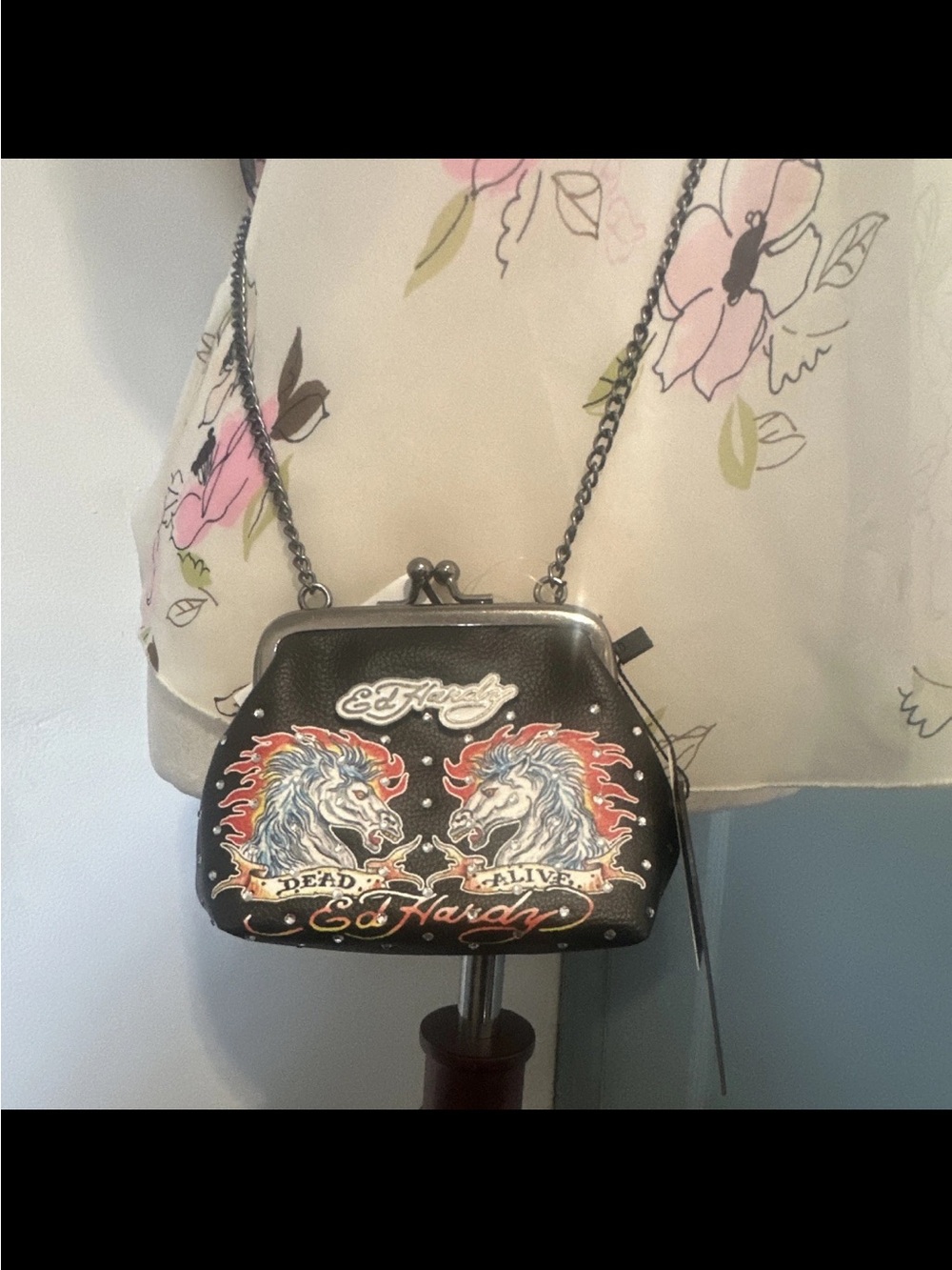 Ed Hardy Black Horse Graphic Kiss-Lock Crossbody- New with Tags